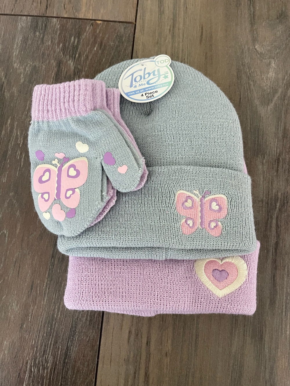 Toby & Me Toddler Winter Hat & Mitten 4 pcs Set gray & purple girls size 1-3 yrs